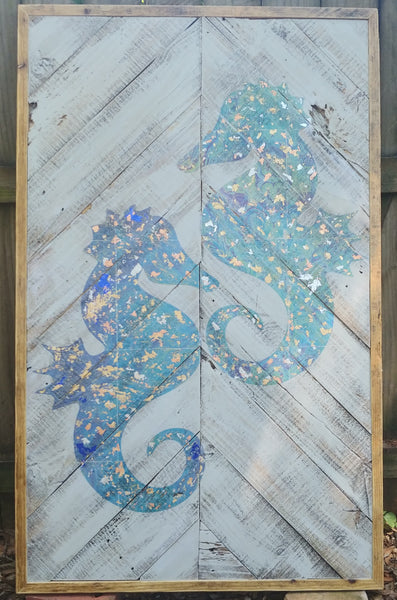 Large Seahorse Double Metallic Reclaimed Wood Art