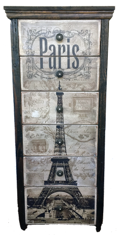 Handcrafted 6 Drawer Chest with Eiffel Tower